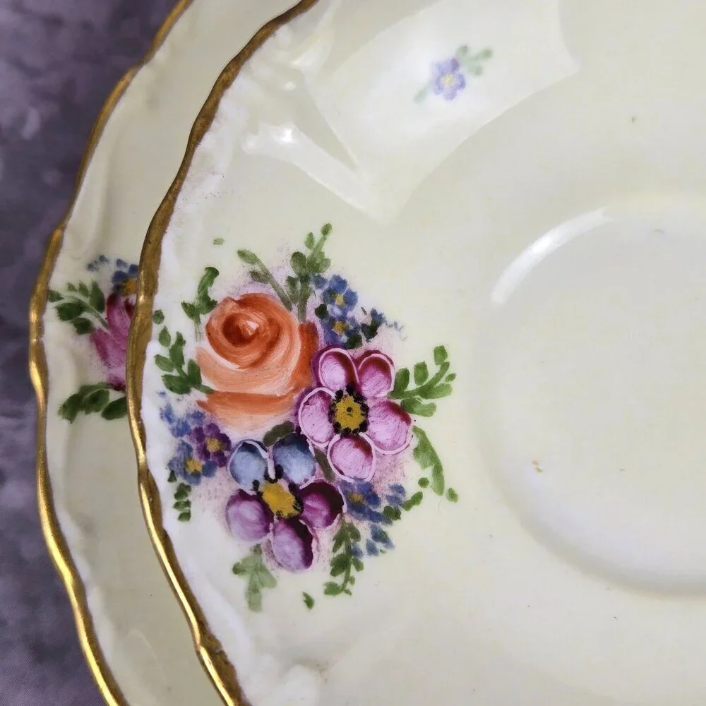 Vintage Porcelain 3 Piece Set Cup, Saucer, Snack Plate Floral Pattern Gold Trim
